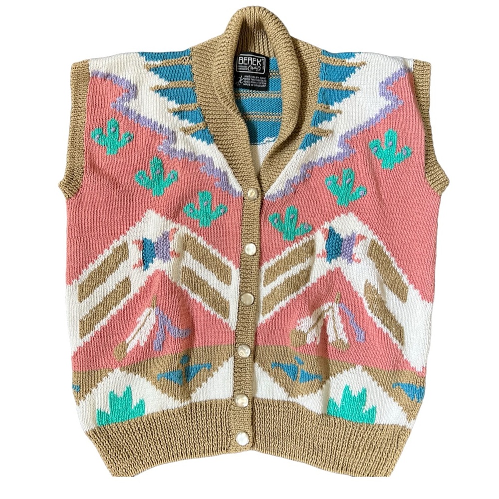 1989 Berek Marta D Hand Knit Sweater Vest Southwestern Pink Cactus Wearable Art